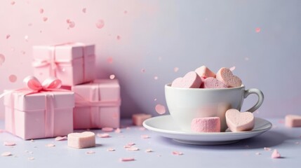 A delightful arrangement of heart-shaped sweets nestled in a delicate teacup, surrounded by charming pink gift boxes and a gentle flurry of confetti.