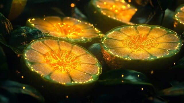 Glowing citrus fruit halves display a vibrant internal structure with light