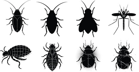 Black insect silhouettes vector set including cockroach, fly, mosquito, flea, and beetle icons for pest control, entomology, and education illustrations