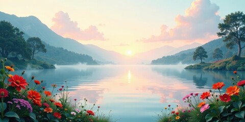 Serene Sunrise Over a Misty Lake, Framed by Vibrant Blossoms and Majestic Mountains