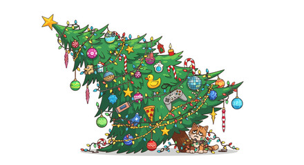 A leaning Christmas tree decorated with video game ornaments and gifts underneath.