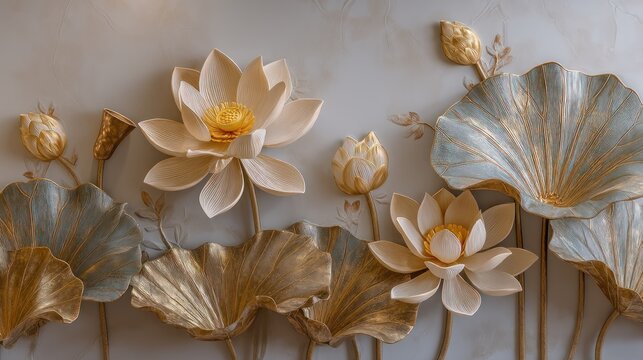 A decorative wall mural featuring a gold and white lotus flower with gold leaves, set against a textured white background with subtle gold accents.