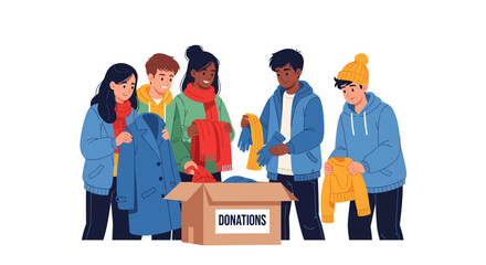 Diverse group of young people donating warm clothing for winter charity.