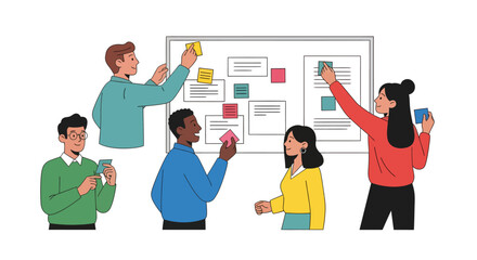 Diverse team collaborates on a project using sticky notes on a whiteboard.