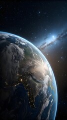 Planet Earth View From Space With Galaxy And Sunrise Perfect For Astronomy Science Technology And Universe Concept