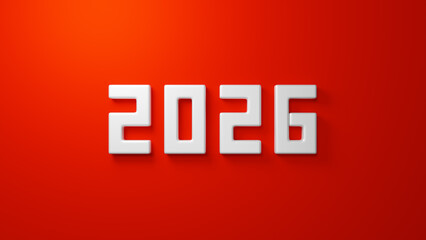 3D Illustration.Red background with white, three-dimensional “2026” numerals. Bird's-eye view.  (Horizontal)