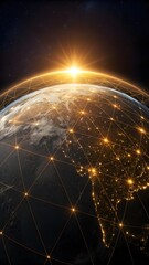 Planet Earth Network Connection At Sunrise Showing Global Communication Technology And Digital World Connectivity