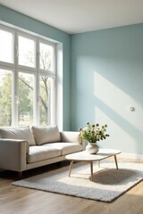 Fototapeta premium Serene living room with sunlight streaming through large window illuminating a light beige sofa and a minimalist coffee table with fresh flowers