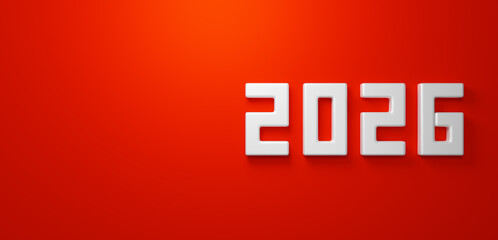3D Illustration.Red background with white, three-dimensional “2026” numerals. Bird's-eye view. Copy space. (Horizontal)