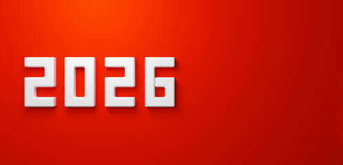 3D Illustration.Red background with white, three-dimensional “2026” numerals. Bird's-eye view. Copy space. (Horizontal)