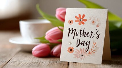 A Mother’s Day greeting card with delicate floral illustrations and a warm, heartfelt message placed next to a cup of tea and a bouquet of fresh pink tulips