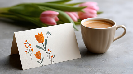 A greeting card with delicate floral illustrations and a warm, heartfelt message placed next to a cup of tea and a bouquet of fresh pink tulips