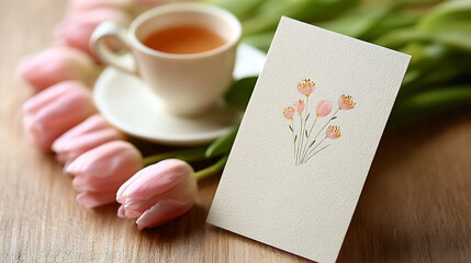 A greeting card with delicate floral illustrations and a warm, heartfelt message placed next to a cup of tea and a bouquet of fresh pink tulips
