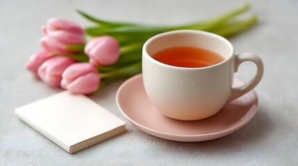 A blank greeting card placed next to a cup of tea and a bouquet of fresh pink tulips