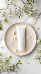 White Cosmetic Tube On Beige Plate With Spring Flowers On Marble Background Perfect For Skincare Beauty Concept