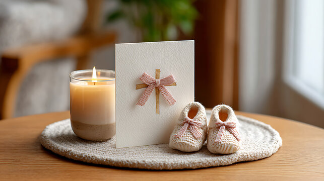 A tender scene with a baptism card featuring a pink ribbon cross, tiny knitted baby booties, and a lit candle on a woven mat, symbolizing new beginnings and blessings.