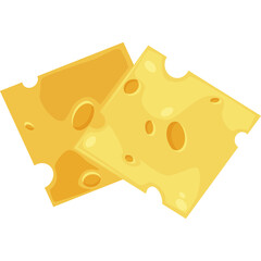 Two Slices Of Swiss Cheese With Holes Yellow With Brown Edges Against A Transparent Background.