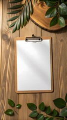 Blank Clipboard With White Paper On Wooden Table Surrounded By Green Leaves Perfect For Mockup And Nature Concept