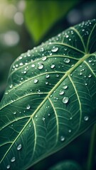 Close Up Of Green Leaf With Water Droplets Natural Freshness Texture And Botanical Detail In Morning Light