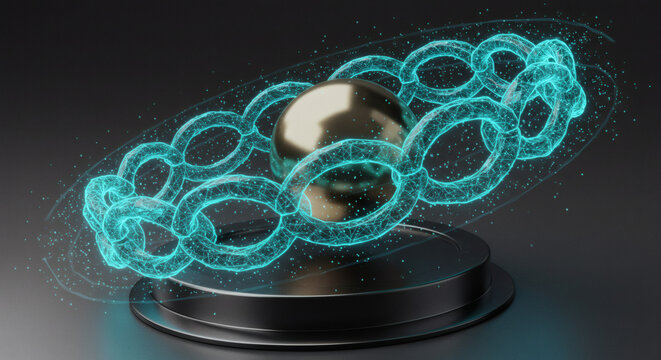 Abstract digital chain with glowing particles orbiting a metallic sphere on a pedestal, symbolizing connectivity and innovation - Powered by Adobe