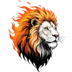 Vector art of majestic lions head with a fiery mane in vibrant orange and yellow, symbolizing power and strength