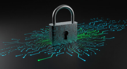 Digital padlock on a circuit board symbolizing cybersecurity and data protection in a technology context