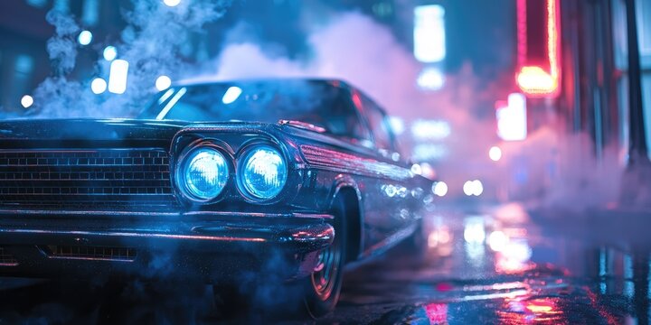 Fototapeta A vintage car with blue and red lights, driving through a neon-lit city street at night, with a dark, rainy background and a foggy atmosphere.