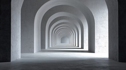 A long, narrow, white corridor with arched ceiling and walls, illuminated by natural light from the ceiling, leading to a bright light at the end of the corridor.