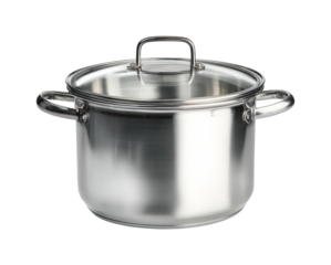 Polished stainless steel saucepan with glass lid, studio lighting, clean composition, perfect for culinary design and food branding PNG set with transparent background