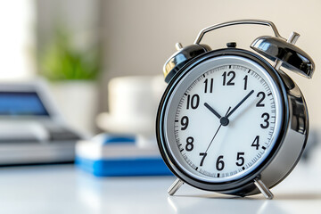 A close-up of a classic alarm clock on a desk, capturing the essence of time management and daily routines in a modern workspace.