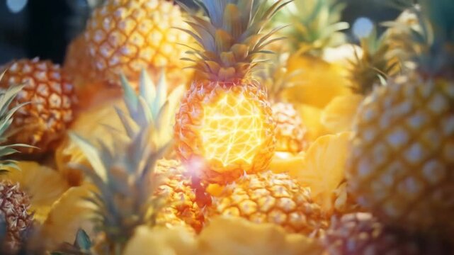 Golden pineapples close up fresh fruit display with warm sunlight