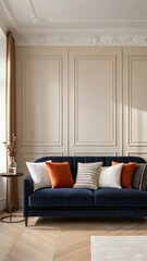 Modern Elegant Living Room Interior With Blue Velvet Sofa Colorful Cushions And Stylish Minimal Wall Design