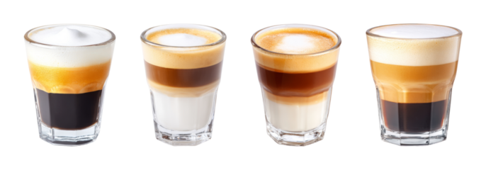Layered coffee drinks with rich crema and foam, showcasing vibrant color gradients and textures, perfect for cafe menus and beverage branding PNG set with transparent background