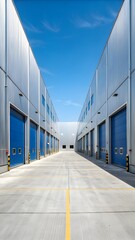 Modern Industrial Warehouse Exterior With Blue Loading Dock Doors And Clear Sky In Logistics Distribution Center