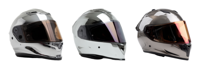 Sleek Chrome Motorcycle Helmet Collection with Amber Visor, Futuristic Design, Perfect for Racing, Speed, and Adventure PNG set with transparent background