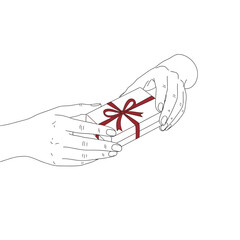 Vector art of hands holding a small gift box with a red ribbon