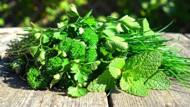 Fresh herbs assortment with green leaves on wooden surface