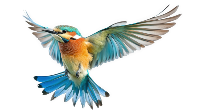 A vibrant european beeeater, isolated on transparent background, takes flight with its wings spread wide, showcasing its colorful plumage and graceful movement