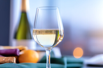 Obraz premium A close-up of a glass of white wine on a table, with blurred background highlighting a bottle and warm lighting.