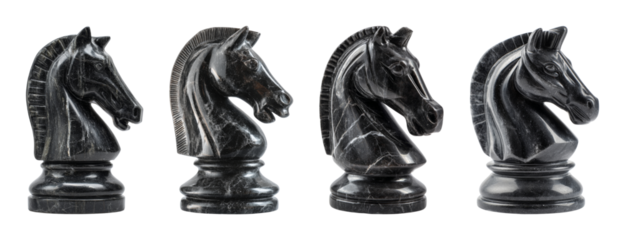 Luxurious polished marble chess knight in profile, sophisticated strategy concept, isolated PNG set with transparent background