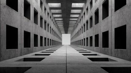 Fototapeta premium A long, narrow, empty corridor with concrete walls and a ceiling with rectangular windows. 
