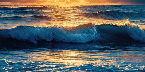 The vast ocean waves crash against the shore at sunset, creating a dramatic and serene scene.