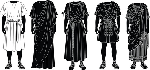 Ancient Roman clothing illustration, male costume vector, toga, tunic, senator, soldier, noble, citizen, historical fashion, cultural attire, silhouette