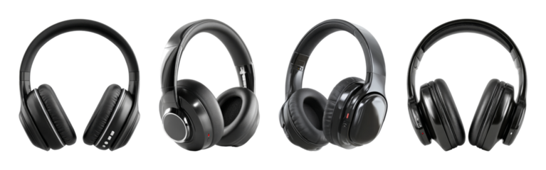 Sleek black over-ear headphones for immersive audio, study, and work, presented as a PNG set with transparent background