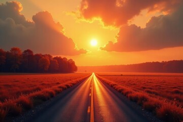 Fototapeta premium A Serene Sunset Over a Vast Field with a Long Road Ahead, Inviting Exploration and the Promise of New Beginnings