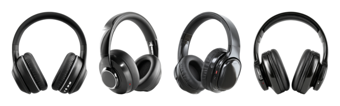 Sleek black over-ear headphones for immersive audio, study, and work, presented as a PNG set with transparent background