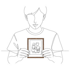Vector art of a line art drawing of a young man holding a framed photograph of a couple, representing memories and relationships, isolated on a