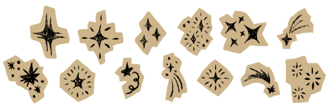 Grunge hand drawn star and sparkle sticker set. Textured doodle celestial elements with rough edges. Cutout paper scrapbook decoration in crayon modern style. Isolated vector illustration for design.