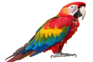 Obraz premium A vibrant scarlet macaw, showcasing its brilliant red, yellow, and blue plumage, isolated on transparent background, a stunning display of tropical avian beauty