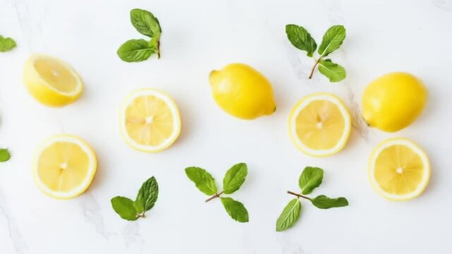 Fresh lemons and mint leaves on white surface for food photography